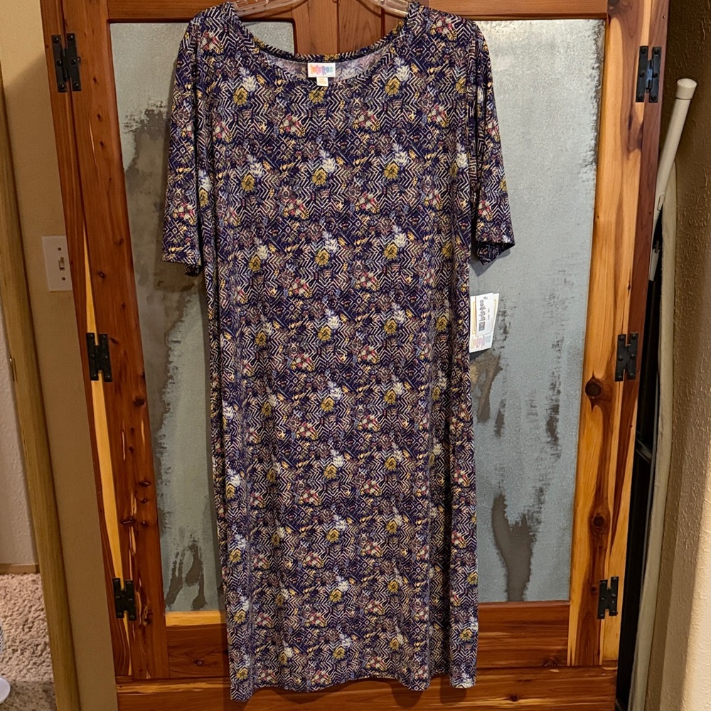 LuLaRoe Julia Blue and Yellow Geometric Floral Midi Dress